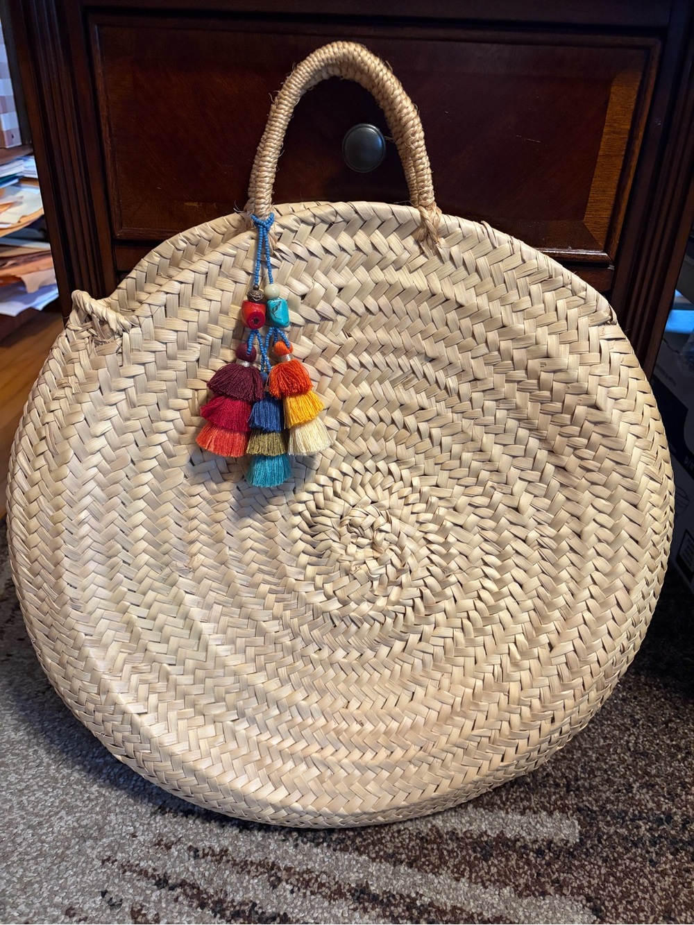 Handwoven Round Straw Tote Bag with Colorful Tassels
